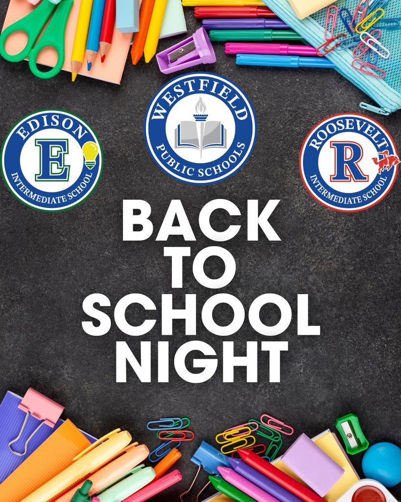 Back to school night with school supplies and school logos