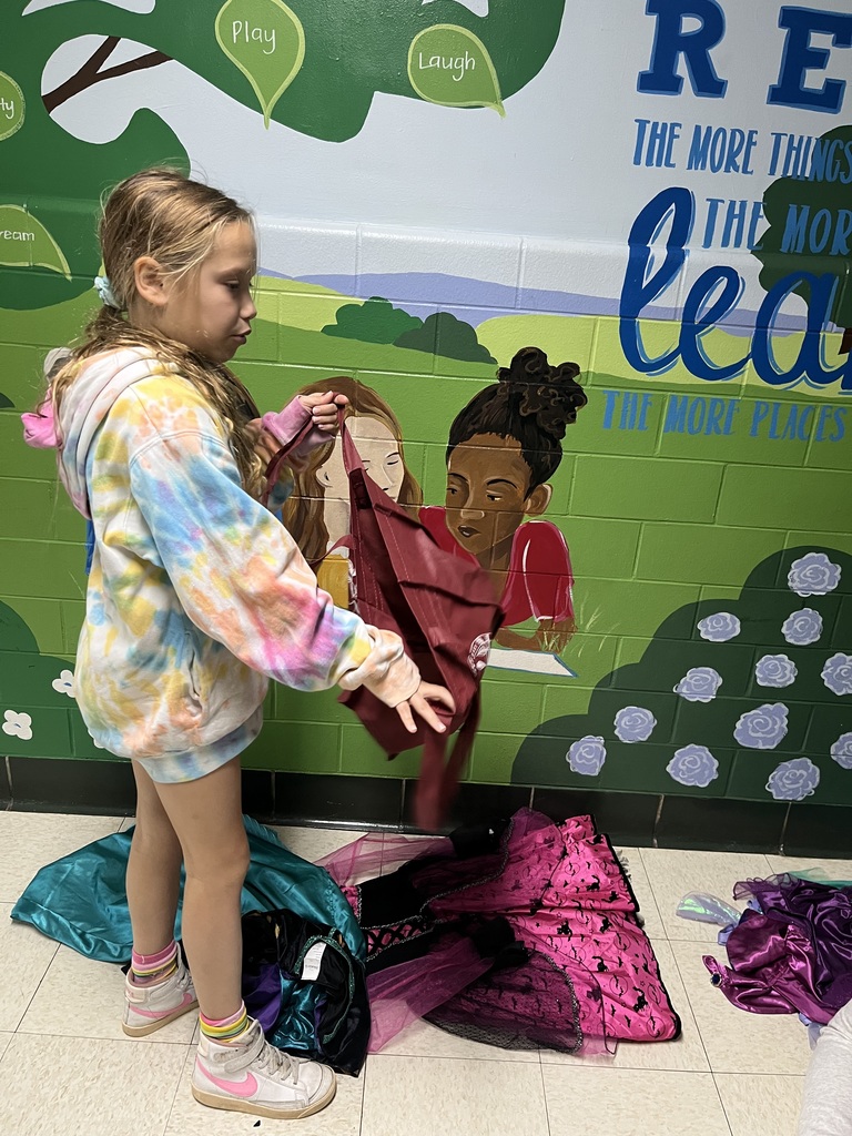 Student helps organize the donated costumes.