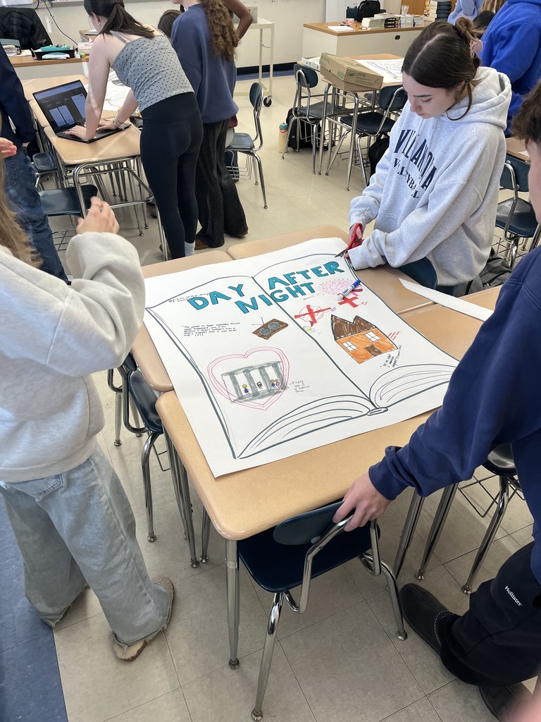 Students cutting out poster