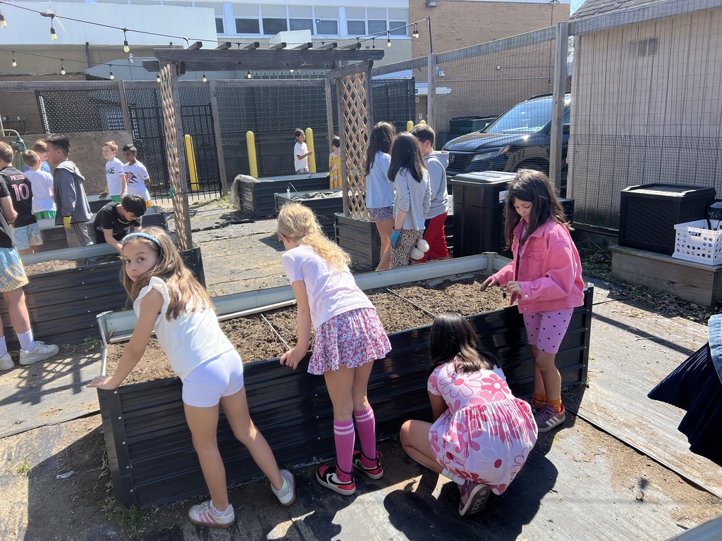 Students weeding their raised bed.
