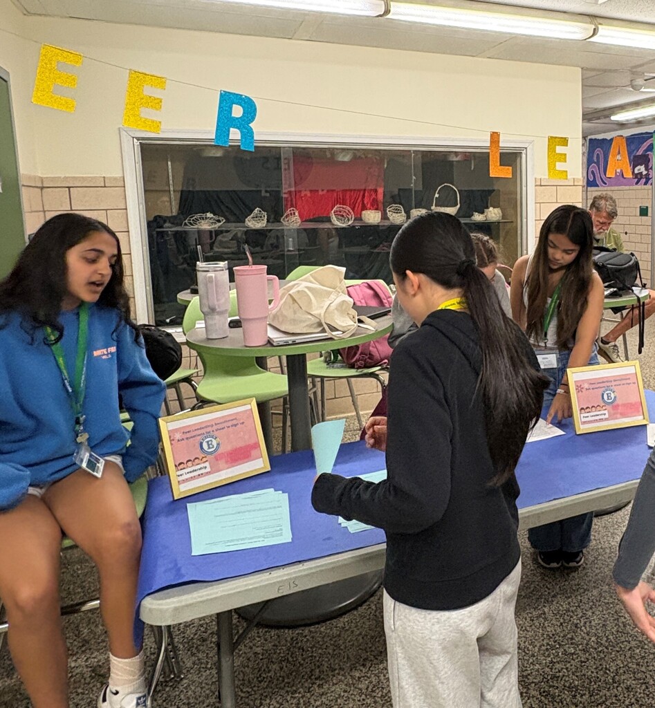 Peer leaders hosting  activity teaching 7th graders about leadership qualities.