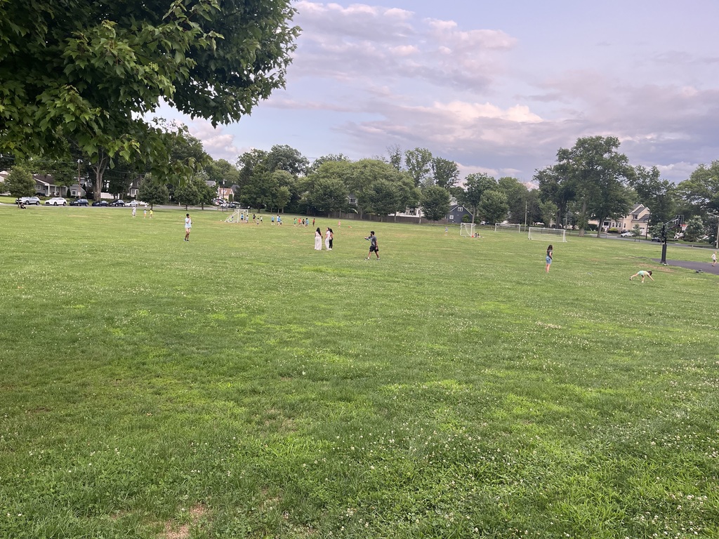 Students playing on the field on a beautiful evening.