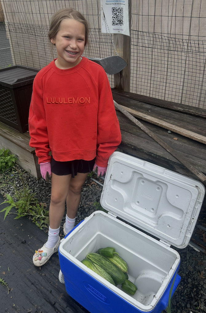 Student is proud of the cucumbers she gathered.
