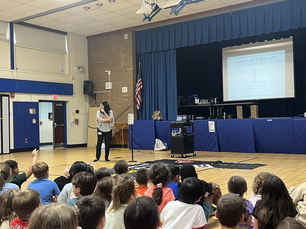 Presenter talks about looking left and right before crossing.