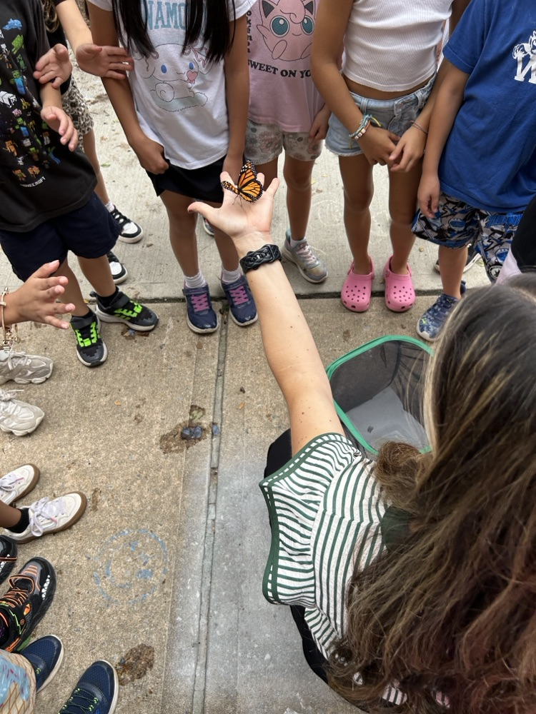 A circle of elementary students look down in fascination at a monarch butterfly resting on a teacher's outstretched hand