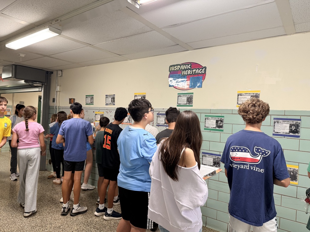 students looking at wall displays
