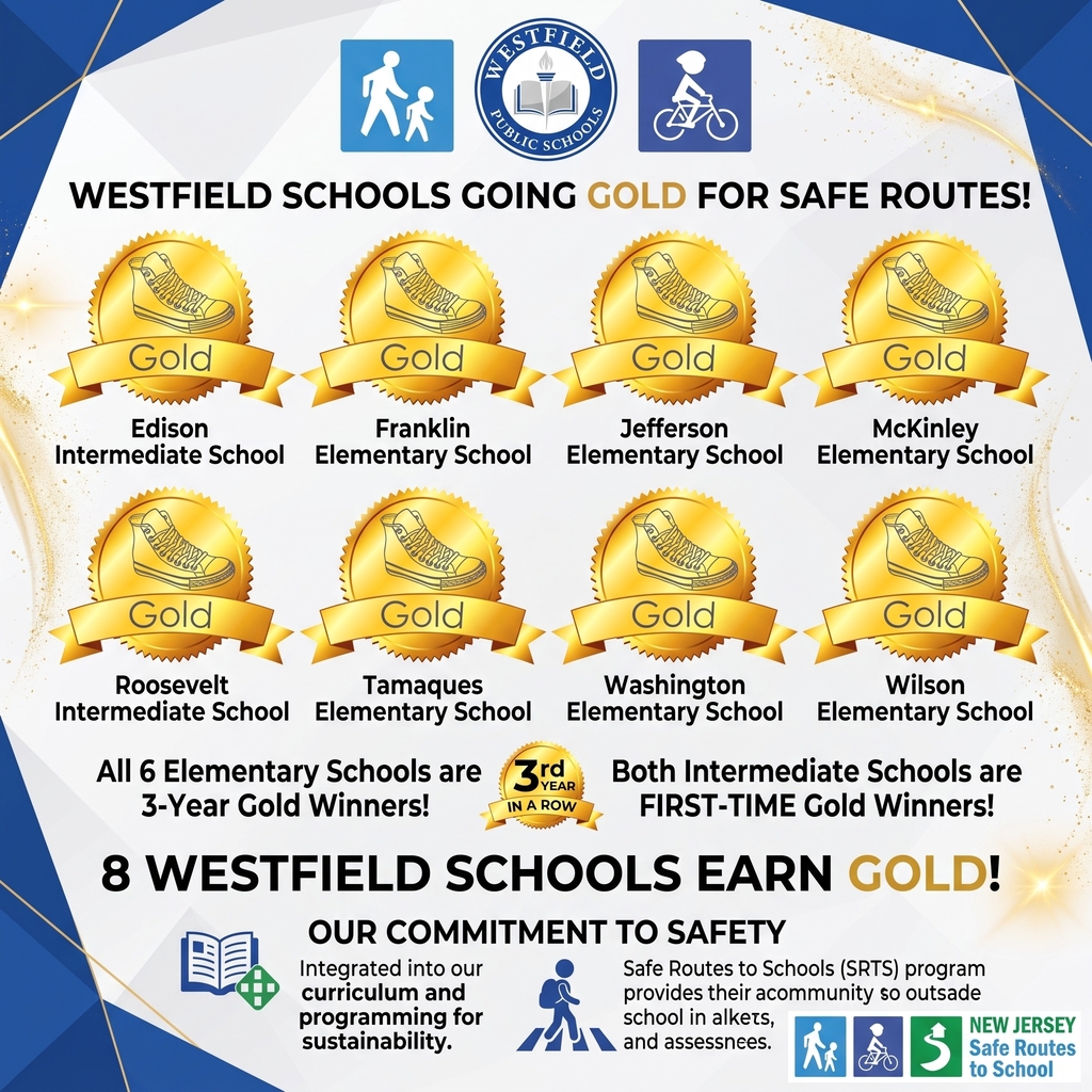 A graphic that shows Gold Level Recognition for 8 Westfield Schools as part of the SRTS program