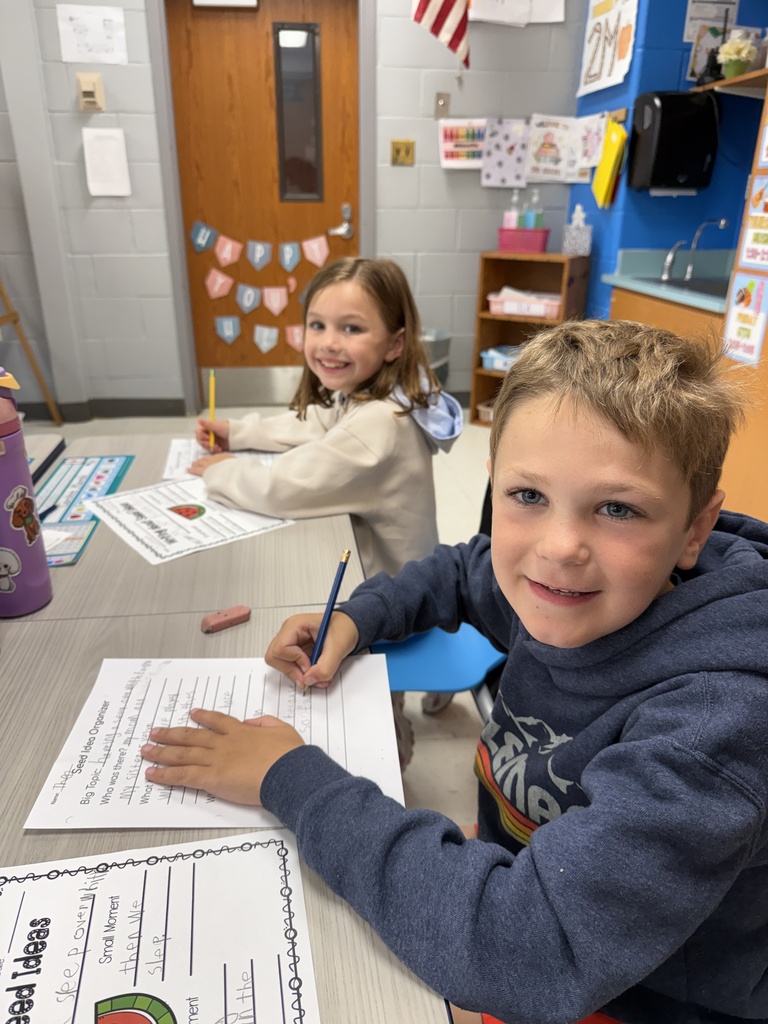 two second grade students , sitting at their desks, working on their seed ideas worksheet