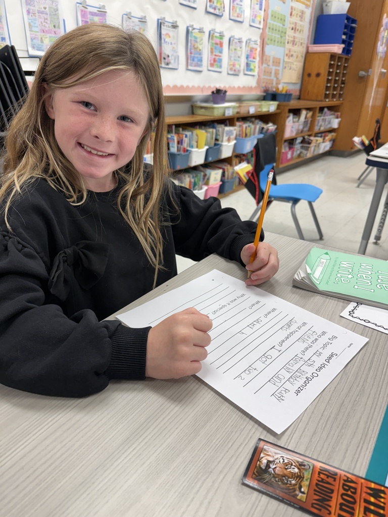 second grade student , sitting at their desk, working on their seed ideas worksheet