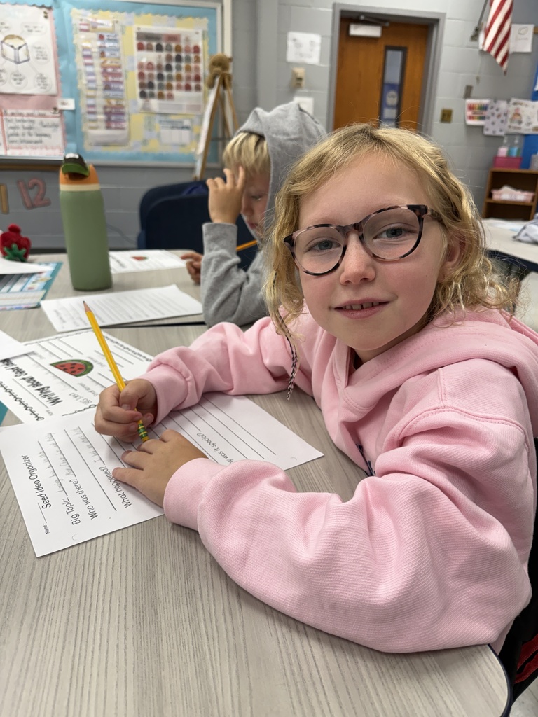 second grade student , sitting at their desk, working on their seed ideas worksheet
