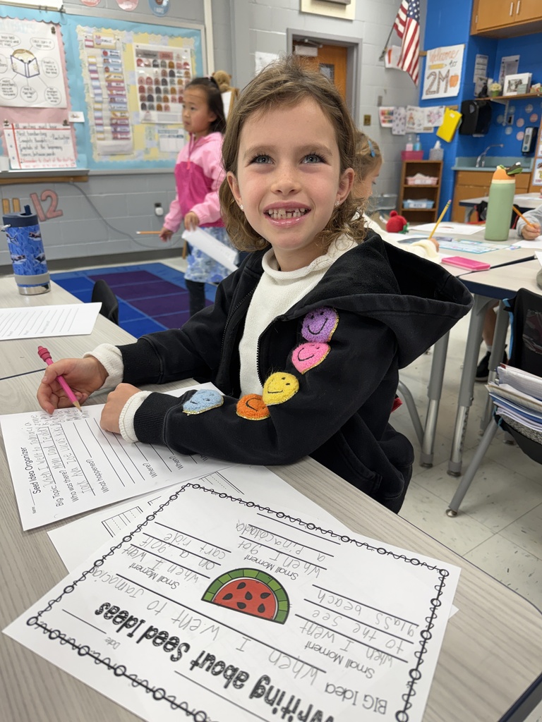 a second grade students , sitting at their desk, working on their seed ideas worksheet