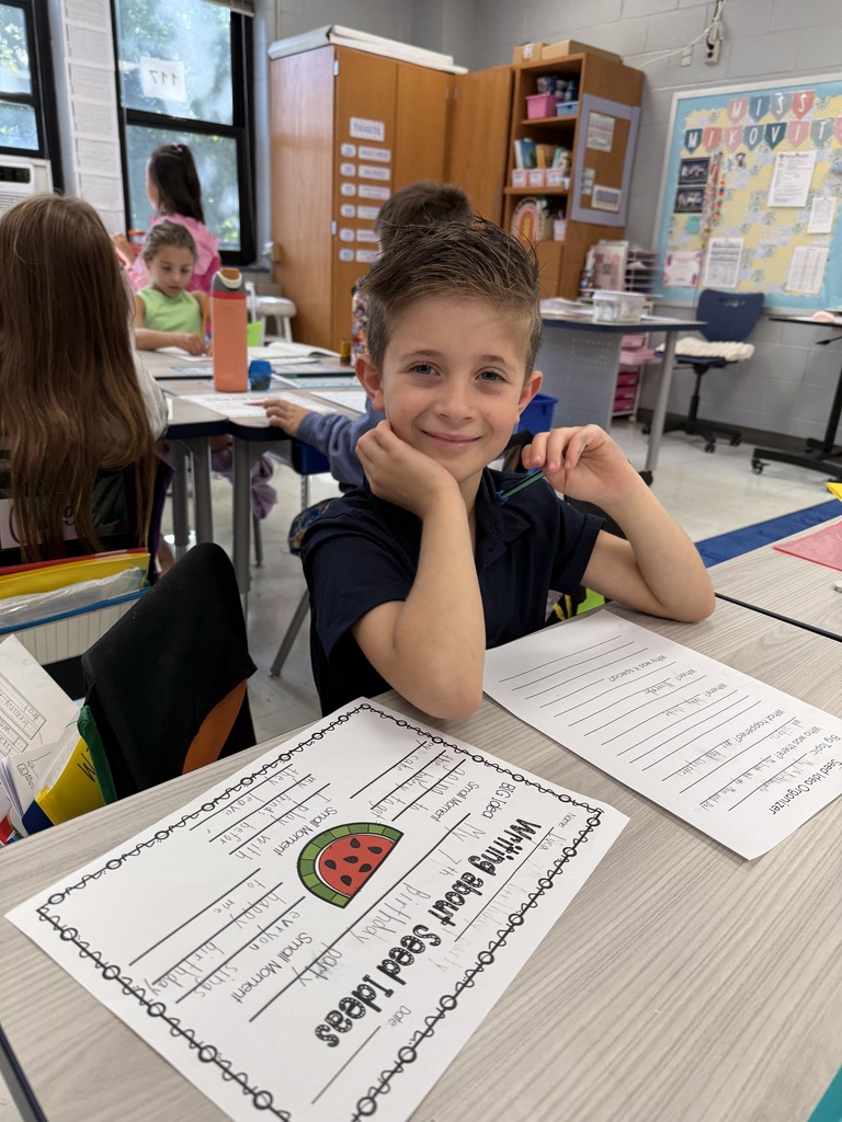 second grade student , sitting at their desk, working on their seed ideas worksheet
