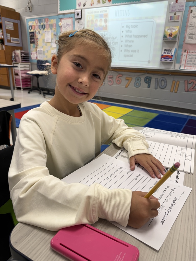 second grade student , sitting at their desk, working on their seed ideas worksheet