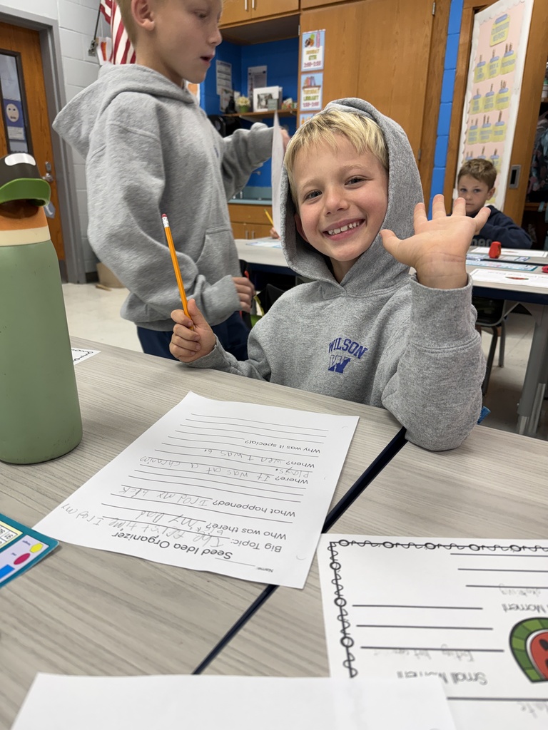 second grade student , sitting at their desk, working on their seed ideas worksheet