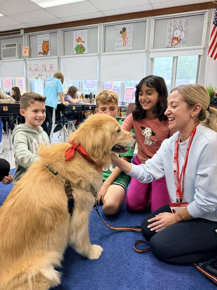 students enjoy a visit from a therapy dog
