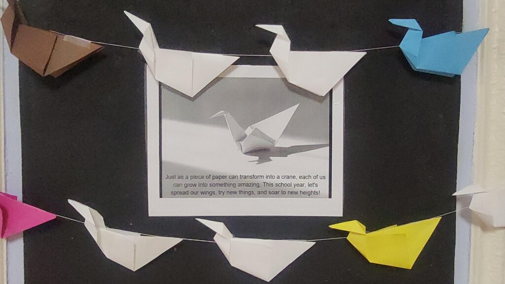Image of folded paper cranes in the Franklin gallery