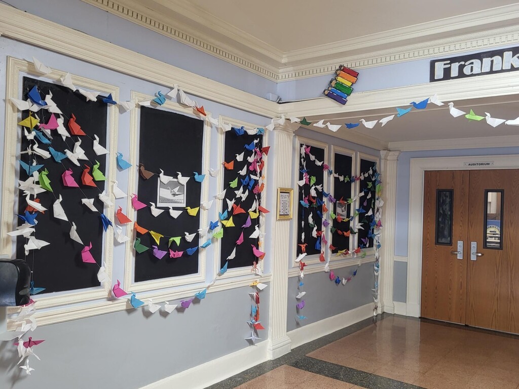 Image of folded paper cranes in the Franklin gallery