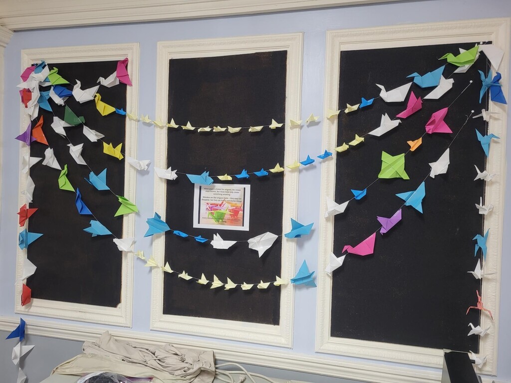 Image of folded paper cranes in the Franklin gallery