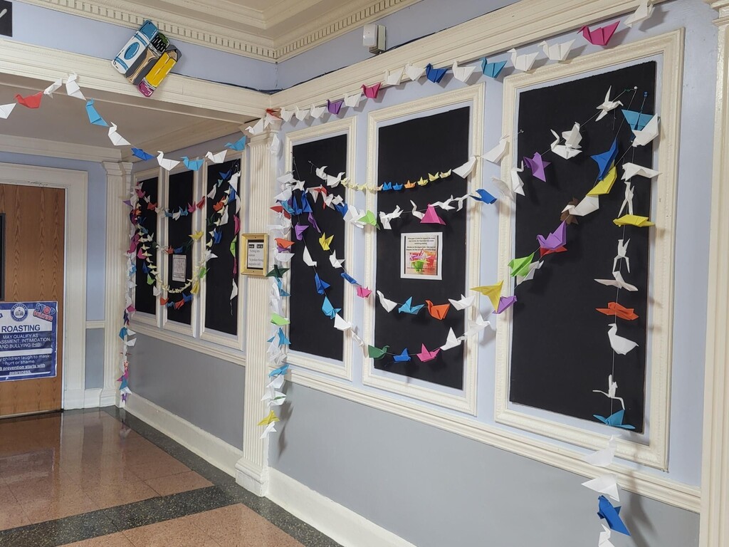 Image of folded paper cranes in the Franklin gallery