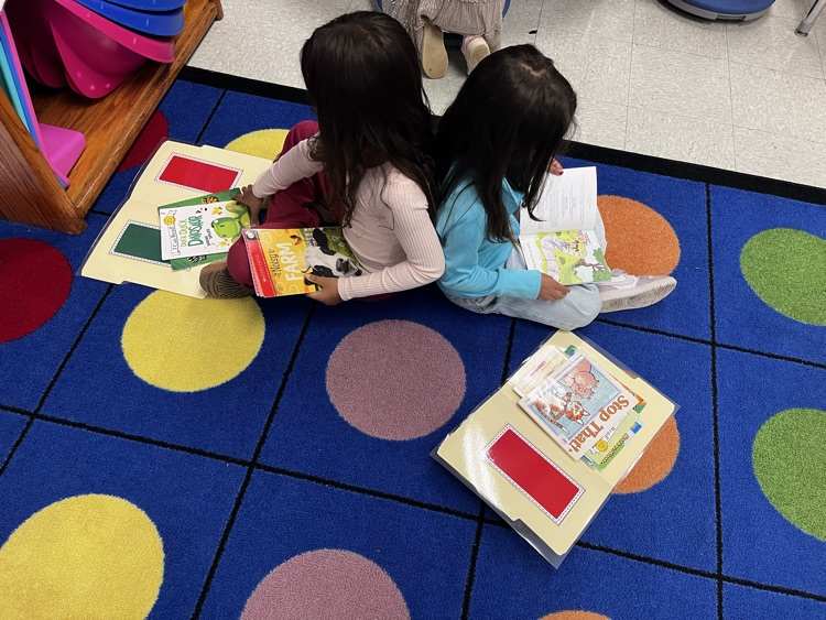  students reading in pairs on the carpet 
