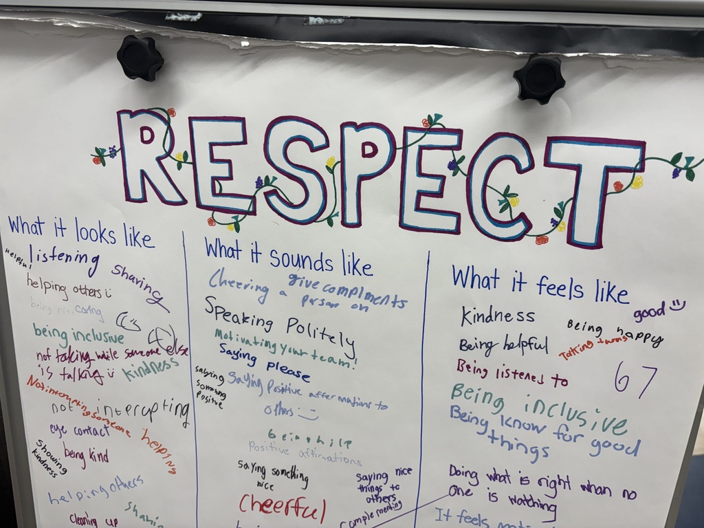 🤝 Week of Respect – Day 1! Our 6th graders helped kick off the week by adding their thoughts and ideas to our Respect Board! Students did a fantastic job following the lead of our Student Assistance Counselor, Mrs. Trottere, and sharing what respect looks, sounds, and feels like at Roosevelt. 💙  A great start to a meaningful week focused on one of our most important school rules: Take Care of Each Other! 🌟