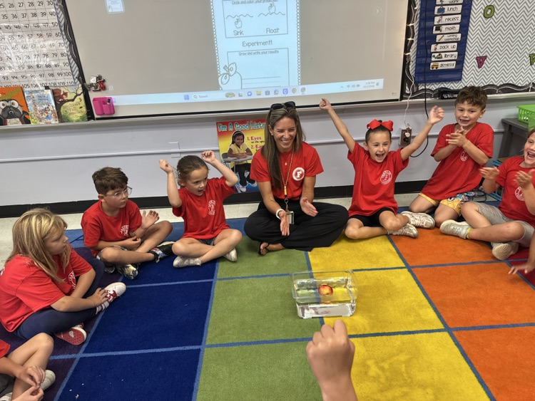 An elementary teacher and group of students in red shirts sit in a circle on a colorful grid carpet, cheering enthusiastically as they watch a floating apple experiment inside a clear container of water.   