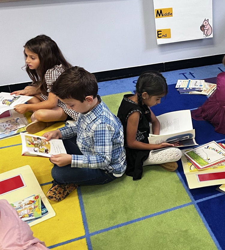 Three young students sit back-to-back on a colorful classroom rug, each focused on reading an open picture book during independent reading time.   