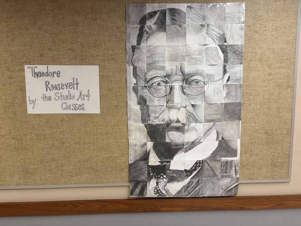 🎨 A Century of Creativity!  Mrs. Suchy’s 8th Grade Studio Art students showcased their artistic talents with incredible Theodore Roosevelt artwork in honor of RIS’s 100th Anniversary! What a wonderful way to celebrate our school’s history through creativity and art! 💙💛