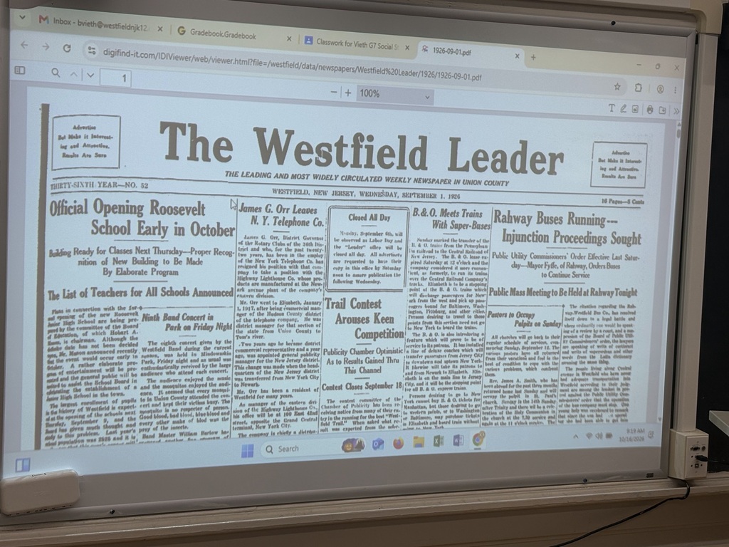A digital screen displays a scanned page from The Westfield Leader newspaper dated Wednesday, September 1, 1926, featuring the headline Official Opening Roosevelt School Early in October.