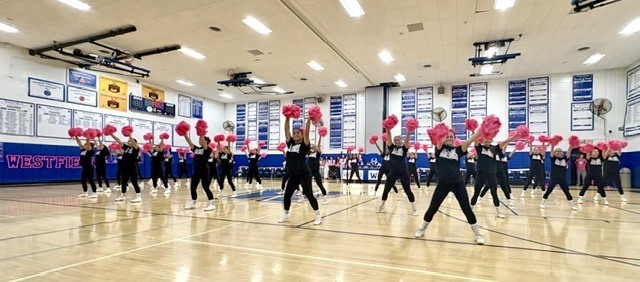 A student cheerleading squad dressed in dark uniforms holding up bright pink pom-poms while performing a synchronized routine on the gymnasium floor in front of bleachers filled with spectators.