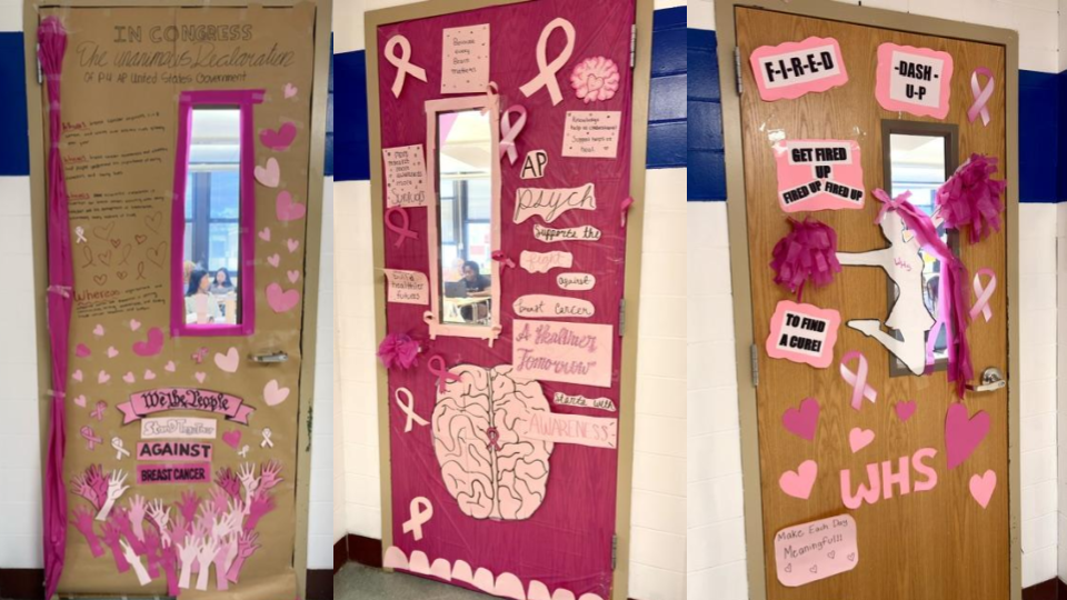 Three classroom doors at Westfield High School decorated in pink paper, ribbon, paper hearts, and signs for breast cancer awareness, including displays for AP US Government, AP Psychology, and cheer-themed decorations reading "Get Fired Up to Find a Cure!"