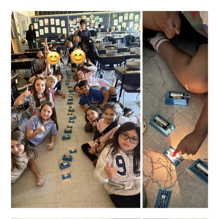 A split-screen image showing a group of students lying on the classroom floor smiling alongside a long connected chain of battery kits and small lit lightbulbs, next to a close-up photo of a student touching a wire to complete a simple circuit.