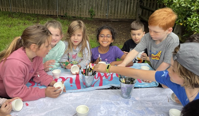Group of students working on painting pots