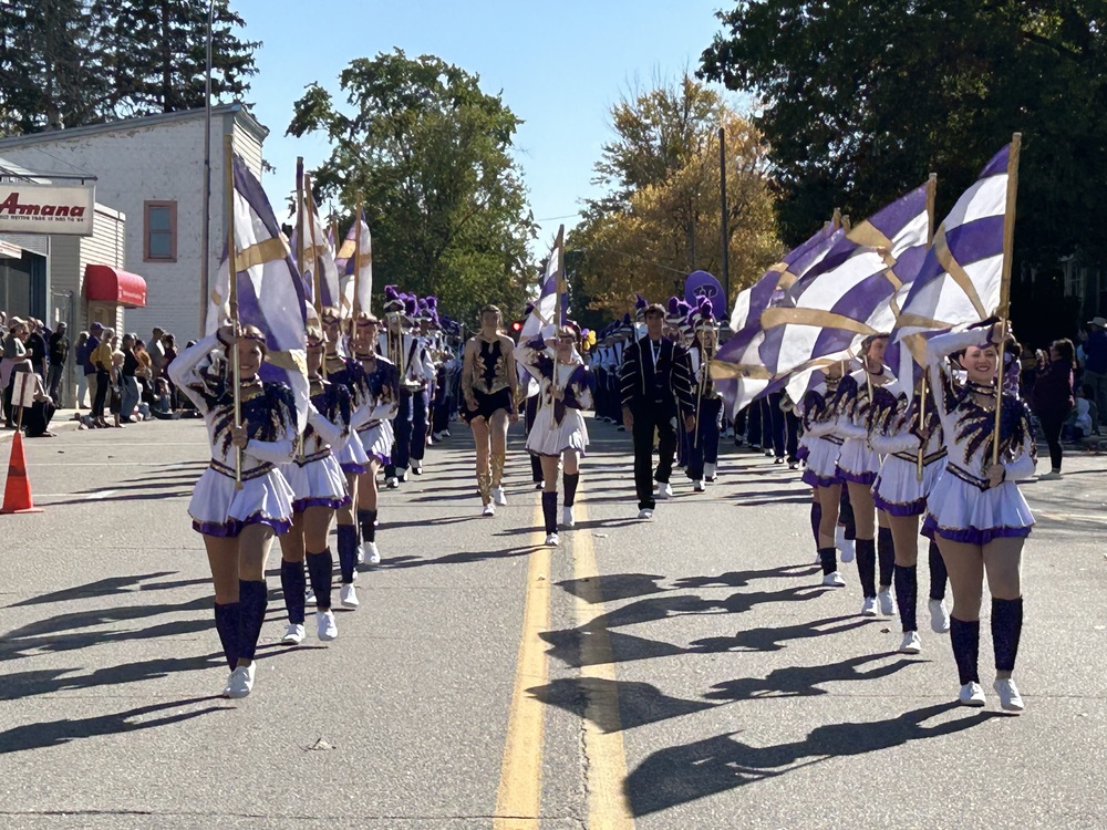 HS Band marching in Homecoming Parade.