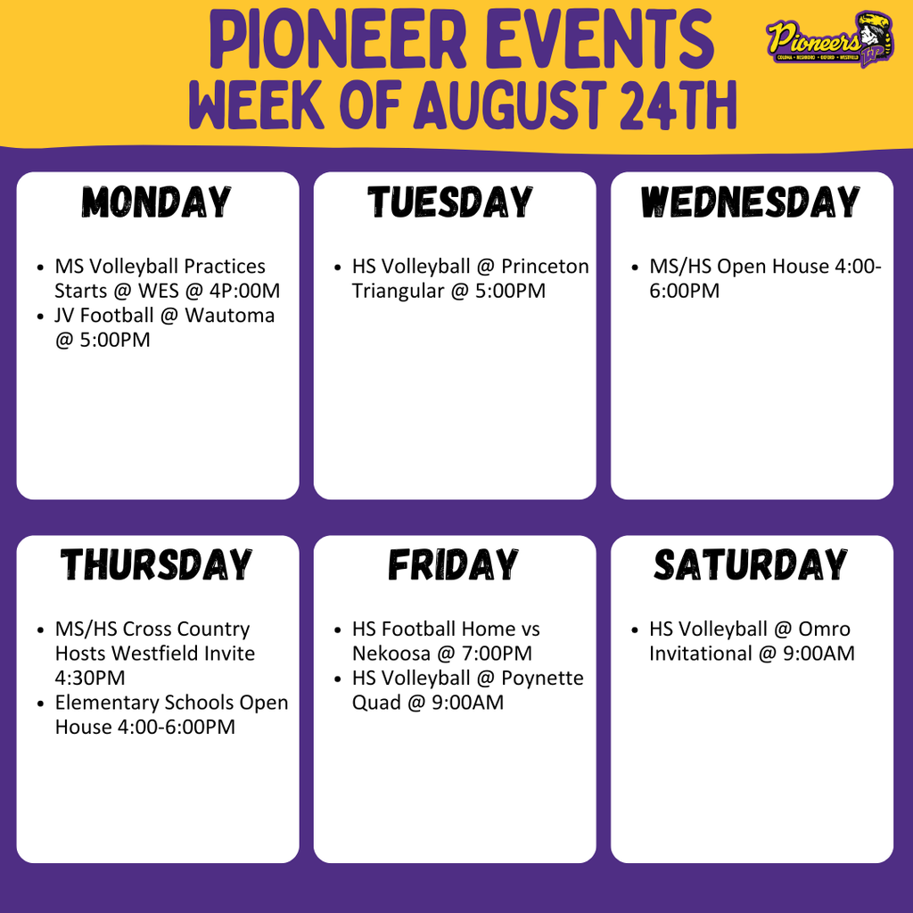 Pioneer Events Week of 8/24