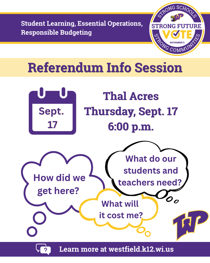 Referendum Info Session at Thal Acres, Thursday, Sept. 17 at 6 p.m. 3 thought bubbles with questions: How did we get here? What do our students and teachers need? What will it cost me? Vote Nov 3. Student learning, essential operations, responsible budgeting.