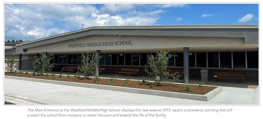 The main entrance of the Westfield Middle/High School displays the new exterior EIFS repairs and the exterior painting that will protect the school from moisture or water intrusion to extend the life of the facility.