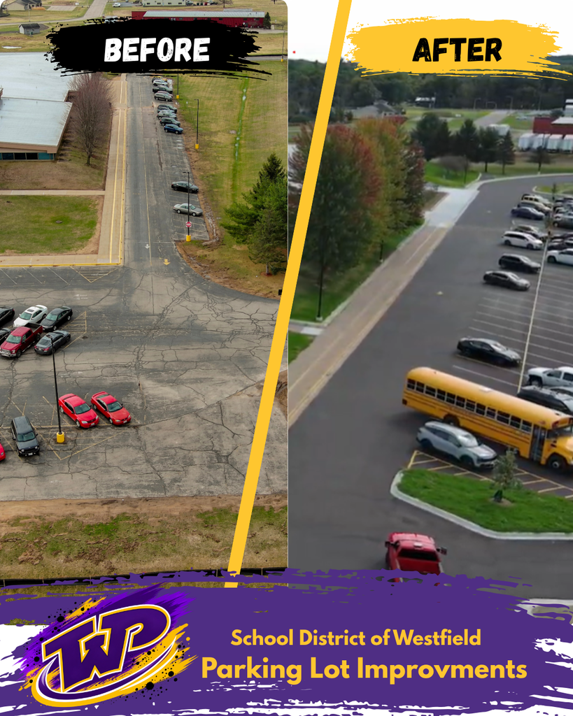 Side-by-side view of the high school parking lot and related improvements to add new asphalt, green space islands and curb.