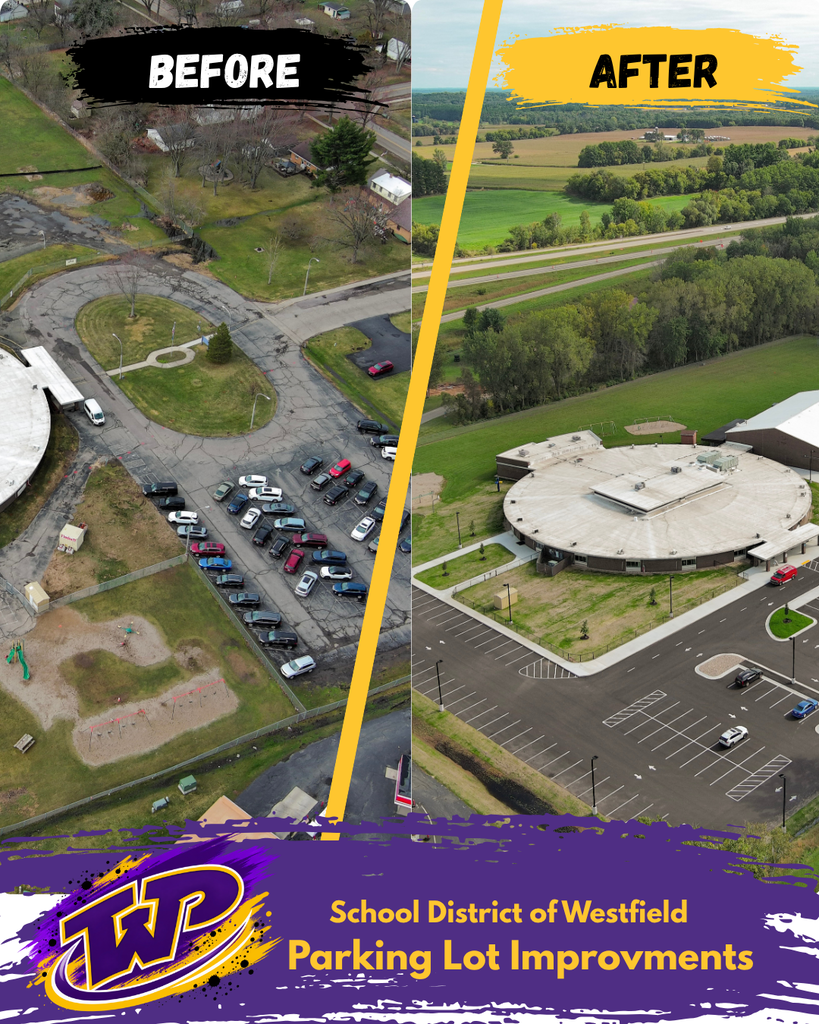 Another aerial drone before-after view of the Westfield Elementary School improvements to fix the deteriorated parking lot, entrance and exit safety and stormwater improvements