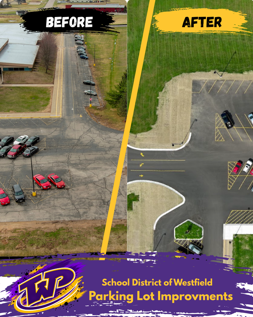 Side by side before and after photos: Westfield High School entrance to the parking lot with cracked, deteriorated asphalt and no identified entrance/exit lanes to new improvements and directionals