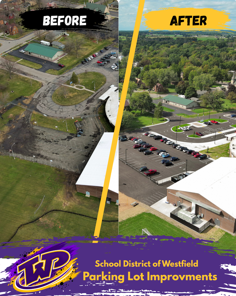 Aerial photo of the Westfield Elementary School parking lot and stormwater changes - from a deteriorated lot to new asphalt with green space islands for safety