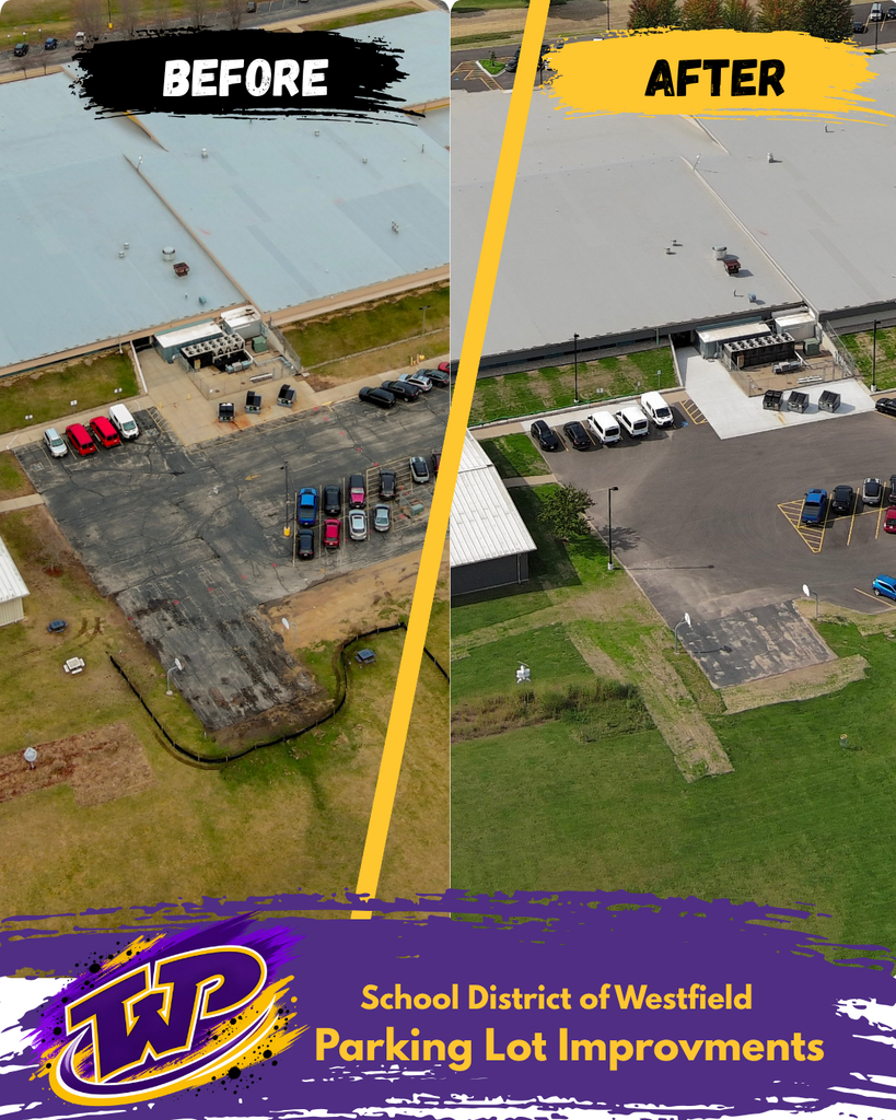 Another before and after view of the high school lot, showing the damaged parking lot and repaired current state