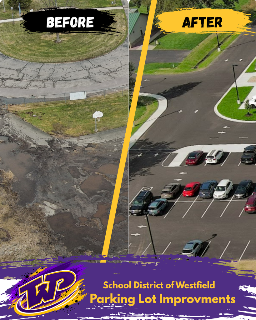 Aerial drone before and after of the most severe Westfield Elementary parking lot with deep potholes that fill with water and the new improvements with safety directions and new asphalt