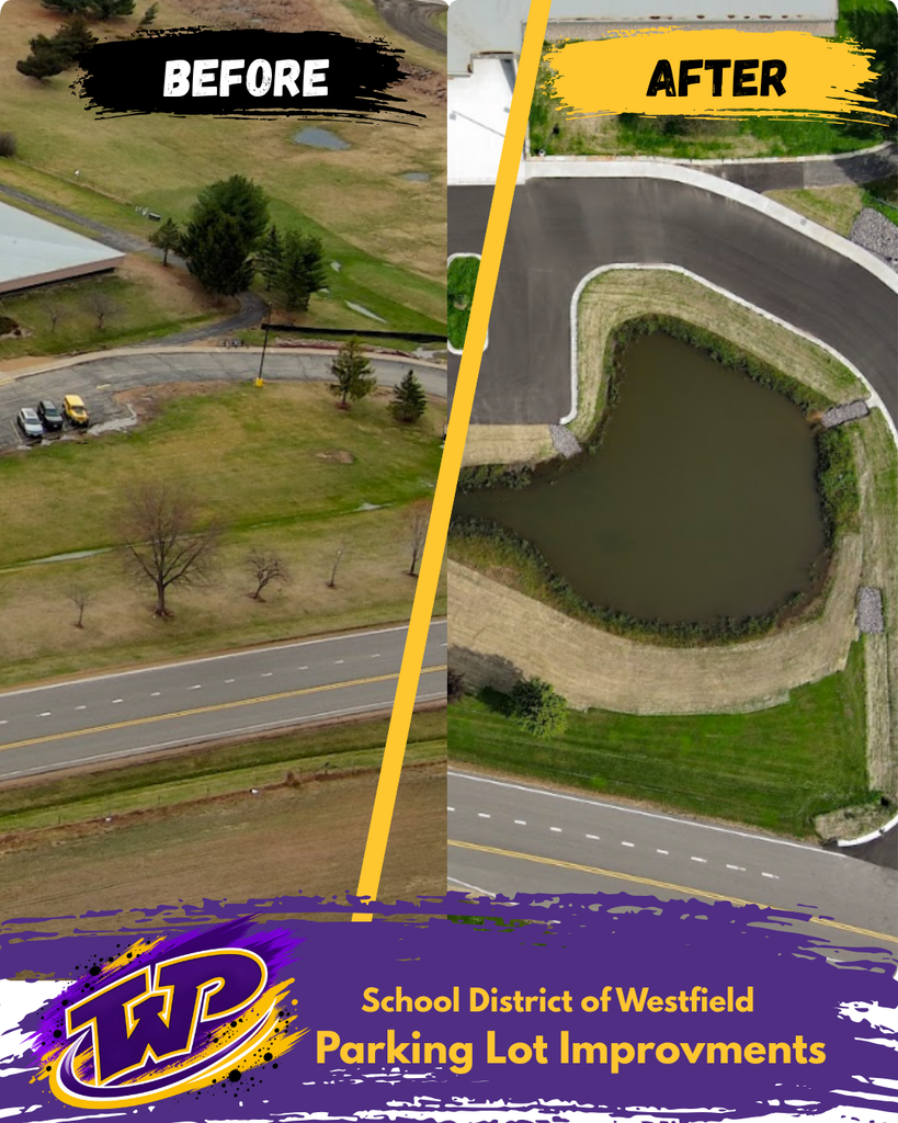 Aerial view of new stormwater retention pond next to Westfield High School. It is not aesthetic; it temporarily holds water after rainfall.