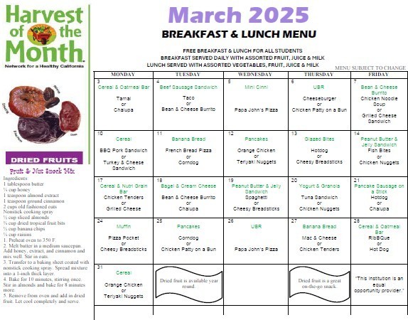 March Breakfast, Lunch Menu