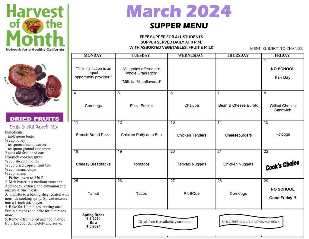 March  Supper Menu