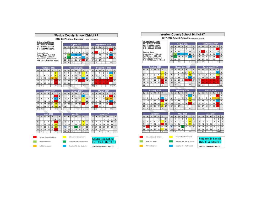 Draft 2026-2027 2027-2028 Weston7 Draft  School Calendars
