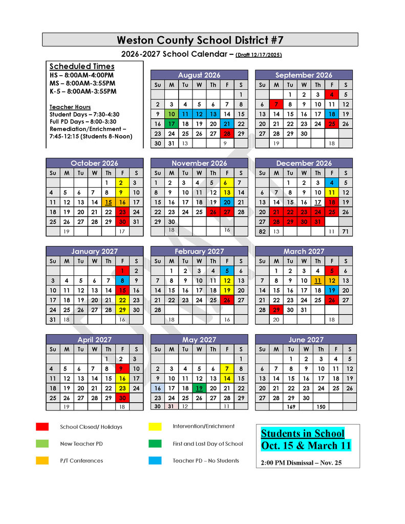 2026-2027 Weston7School Year Calendar 4 Day Draft