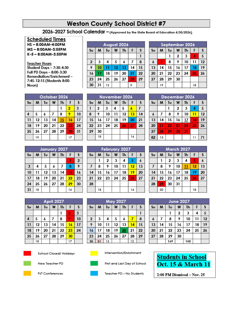 26-27, 27-28 Weston7 Calendars State Approved