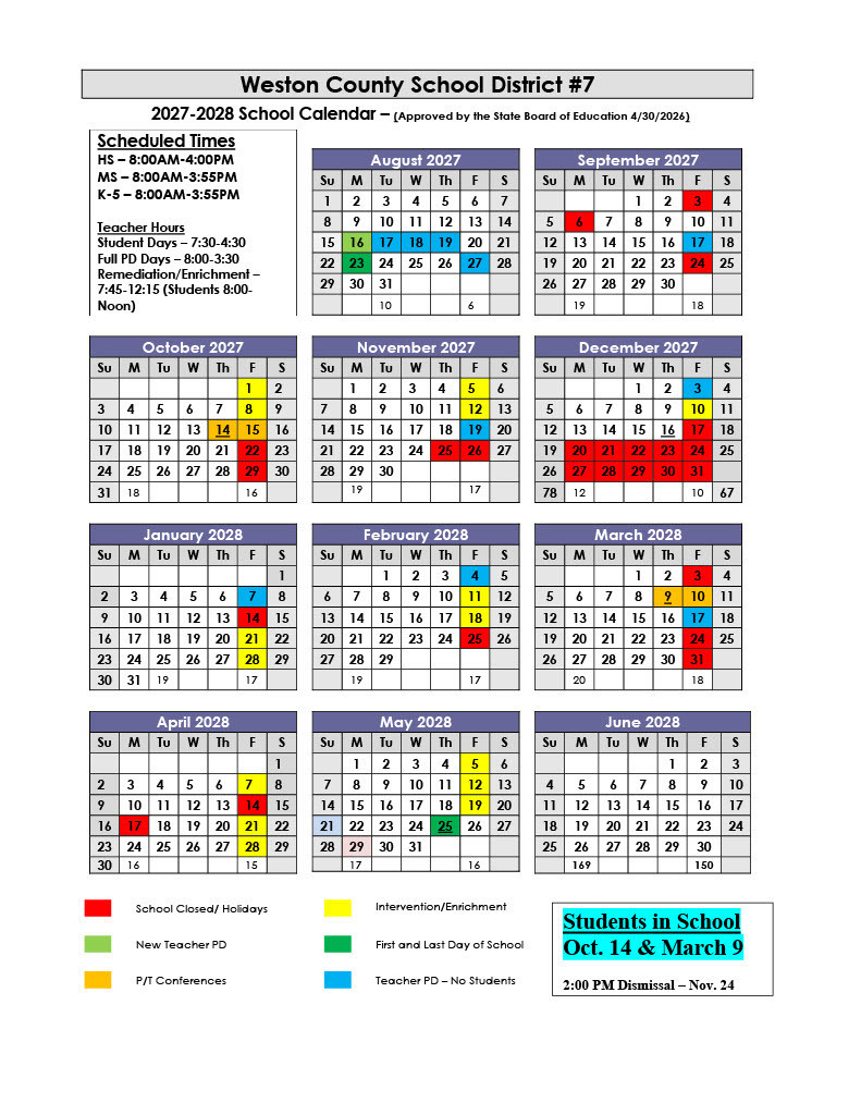 26-27, 27-28 Weston7 Calendars State Approved